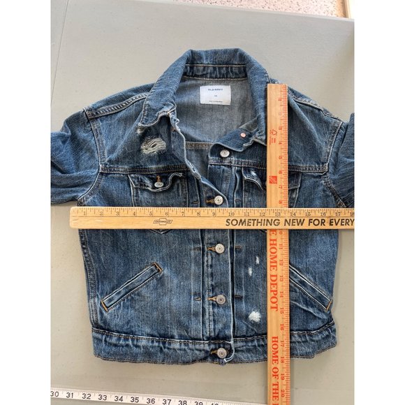 Old Navy Cropped Denim Jean Trucker Jacket Women XS Distressed Blue Chic Trendy - Picture 5 of 9